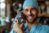 Smiling veterinarian in blue scrubs and surgical cap holding a pet rat on shoulder in animal clinic setting. Perfect for veterinary care articles.