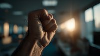 Powerful clenched fist raised in determination against blurred office background with warm lighting symbolizing strength, motivation and business success.