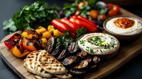 Grilled vegetables and mushrooms served on wooden board with fresh herbs, flatbread and creamy dips, colorful Mediterranean appetizer platter for sharing.