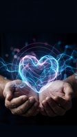 Hands holding glowing neon heart with electric energy waves and light trails on dark background for love and technology concepts.