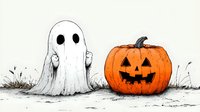 Cute ghost figure in white sheet next to carved jack o lantern pumpkin with happy face, hand drawn illustration style on white background. Halloween festive art.