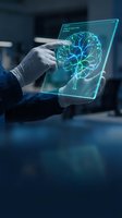 Doctor examining holographic brain scan on futuristic tablet in modern medical facility for neurological diagnosis and healthcare technology applications.