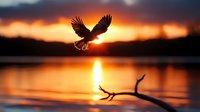 Majestic eagle silhouette soaring against dramatic orange sunset sky over calm lake water, with bare tree branch reflection creating peaceful wilderness scene.