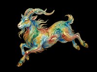 Ornate decorative goat with flowing mane and tail, featuring intricate gold, blue, and multicolored patterns. Isolated on transparent background, ready for t-shirts, clipart, stickers, and print-on-demand designs.