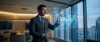 Professional businessman in dark suit interacting with holographic value display in modern office overlooking city skyline at dusk.