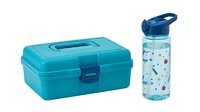 Turquoise plastic storage box with handle and matching water bottle featuring colorful confetti pattern, isolated on white background for product design and lifestyle use.
