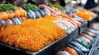 Fresh salmon roe and assorted sashimi slices arranged in black serving tray, featuring bright orange caviar, raw fish cuts, and garnished with herbs for Japanese cuisine.