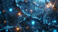Glowing neural network with blue and orange synapses showing brain cell connections in dark background, scientific visualization for neuroscience and AI concepts.