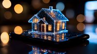 Glowing miniature house with blue LED lights and warm interior illumination against dark background with bokeh lights creates magical holiday atmosphere.