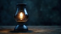Glowing vintage oil lamp on wooden surface against dark background creates atmospheric mood with warm light and dramatic shadows.