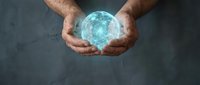 Hands holding glowing digital globe with blue light network connections, representing global technology, data connectivity, and worldwide business innovation.