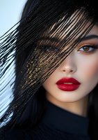 Asian woman with red lipstick and black hair with gold glitter strands falling across face, wearing black turtleneck against light background, dramatic beauty portrait.