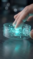 Hand touching futuristic holographic interface with glowing cyan digital elements and circuit patterns on dark background for technology concepts.