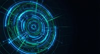 Futuristic digital interface with glowing blue and green circular HUD elements on dark background for technology and sci-fi design projects.