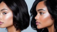 Young Asian and African American women with glowing skin and black wavy hair in profile and front view poses showing professional makeup and beauty trends.
