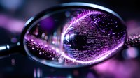 Digital binary code sphere reflected in magnifying glass with purple neon glow effect on dark background, futuristic technology concept for cybersecurity and data analysis.