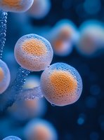 Microscopic view of dividing cells with orange nucleus and blue membrane on dark background, scientific cellular biology visualization for medical research and education.