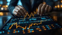 Financial trader analyzing glowing stock market charts and graphs on digital display in dark office with bokeh lights, showing market volatility and trading data.