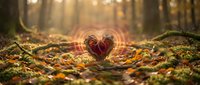 Glowing heart symbol radiating warm light energy circles in autumn forest with fallen leaves on mossy ground creating magical romantic atmosphere.
