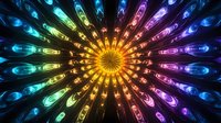 Vibrant rainbow starburst pattern radiating from center on black background with glowing neon effect creates mesmerizing kaleidoscope design for abstract backgrounds.