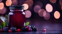 Fresh blackberries and red currants surround glass jar filled with homemade berry jam on dark background with soft bokeh lights creating cozy atmosphere.