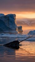 Frozen Arctic landscape with icebergs and narwhal tusk floating in icy waters during golden sunrise, suitable for nature and wildlife editorial use.