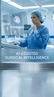Female surgeon using AI technology in modern operating room with digital medical displays and brain imaging data for advanced healthcare procedures.