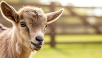 Adorable young goat kid with brown fur looking at camera in sunny farm pasture with wooden fence background for agriculture and livestock content.