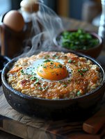 Steaming hot shakshuka with sunny side up egg in cast iron pan, garnished with fresh herbs and black pepper, rustic breakfast setting with morning light.