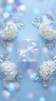 Holographic gift box surrounded by white hydrangea flowers and silver leaves on dreamy blue background with bokeh lights for celebration design.