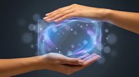 Hands holding glowing digital sphere with blue and purple energy particles, representing technology, innovation, and future digital solutions for business and science applications.
