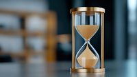 Golden hourglass with flowing sand on dark background showing time passing, deadline concept for business and productivity management.