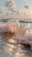 Ocean wave splash with golden sunlight reflections and water droplets creating dynamic motion against cloudy sky at sunset for nature and seascape designs.