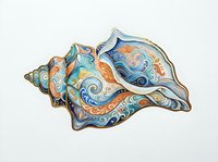 Ornate seashell with intricate swirling patterns in blue, orange, and gold tones, isolated on white background for design projects.