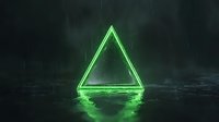 Glowing neon green triangle floating above reflective wet surface with rain drops in dark atmospheric background, creating futuristic cyberpunk mood.