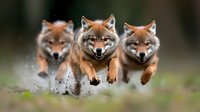 Three wild wolves running together through forest with dirt flying, pack hunting behavior in natural woodland habitat for wildlife photography projects.