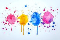 Vibrant watercolor paint splatters in pink, yellow, blue and purple with dripping effects on white background for creative design projects.