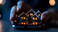 Miniature glowing house with festive lights against dark background, creating magical holiday atmosphere with bokeh effect and warm illuminated windows.