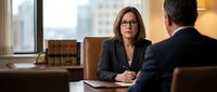 Professional middle-aged Caucasian businesswoman with glasses conducting meeting in modern office with city view, corporate consultation discussion.