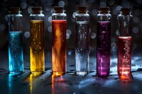 Colorful glass vials with vibrant liquids in blue, yellow, orange, clear, purple, and red, sealed with cork stoppers against a dark bokeh background.