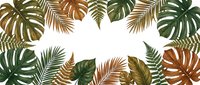 Tropical leaves frame with monstera and palm fronds in green and brown tones on white background. Natural botanical border for summer designs.