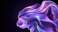 Flowing abstract silk fabric in purple and blue neon colors against black background creates dynamic wave-like shapes with smooth glossy texture and glowing edges.