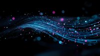 Glowing blue and purple waves with luminous particles flow through dark space creating magical light trails and bokeh effect for abstract backgrounds.