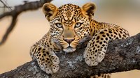 Close up portrait of African leopard with intense blue eyes resting on tree branch in natural habitat, showing spotted fur pattern and powerful predator expression.