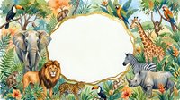 Safari animals frame with elephant, lion, giraffe, zebra, rhino, leopard and tropical birds in jungle setting. Blank space for text or design elements.