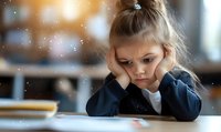 Sad young Caucasian girl student with head in hands showing frustration and disappointment while studying at desk in classroom environment. Focus on emotional expression.