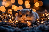 Adorable dwarf hamster resting among golden fairy lights and autumn leaves, creating magical atmosphere with warm bokeh effect in background.
