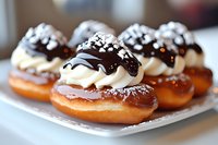 Fresh baked donuts topped with chocolate glaze, whipped cream, and sprinkled with white sugar crystals on white serving plate, close up view of sweet dessert.