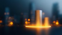 Glowing futuristic skyscrapers on illuminated platform against blurred city background with bokeh lights create modern architectural visualization for business concept.
