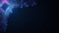 Digital technology background with glowing circuit board patterns and flowing data streams in purple and blue neon colors for modern tech presentations.